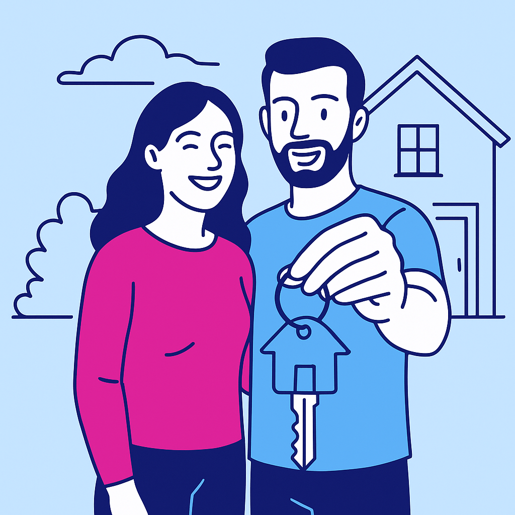 Young couple holding house keys outside their new home in Colchester