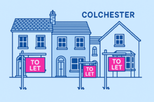 Row of Colchester rental properties with 'To Let' signs