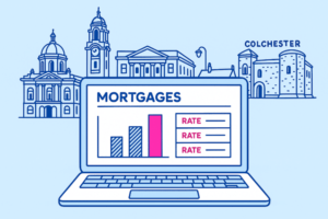 Laptop showing mortgage comparison chart with Colchester High Street in the background