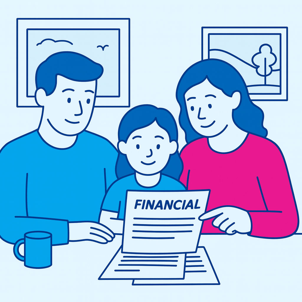 Family reviewing finances at home with laptop and calculator