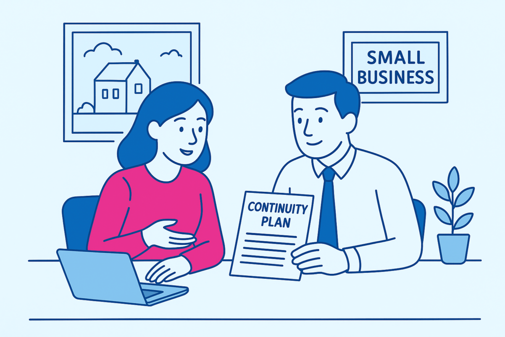 Small business meeting around a table discussing continuity plans